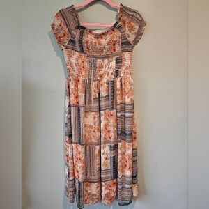 Xhilaration Women Size L Chiffon Smocked Top Midi Dress Floral Patchwork Lined